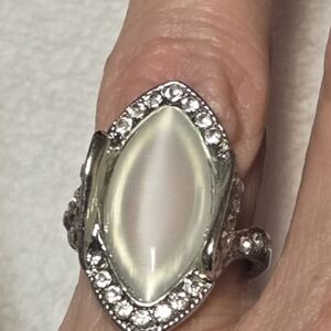 Vintage Bohemian silver alloy marquise-cut Opal Ring with White crystals sz 12